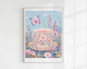 Butterfly tea cup cross stitch pattern full coverage PDF