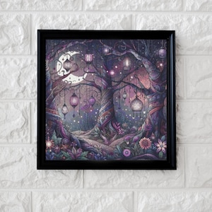 May include: A framed art print depicting a whimsical forest scene. The artwork features a large moon, trees with intricate details, and hanging lanterns in shades of purple, pink, and blue. Flowers and foliage are scattered throughout the scene.