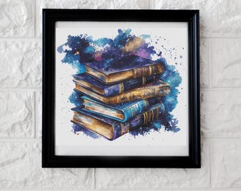 May include: A framed print featuring a stack of antique books. The books have blue and gold covers, with a watercolor galaxy background in shades of blue, purple, and gold. The frame is black.