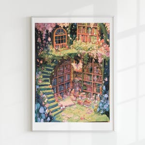 May include: A framed art print depicting a multi-level library interior filled with tall wooden bookshelves, a curved staircase, and lush pink and green foliage. The scene features warm lighting, scattered books, and a large arched window.
