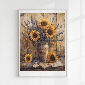 May include: A framed print of a still life featuring sunflowers and lavender in a rustic vase. The sunflowers are a vibrant yellow, and the lavender is a deep purple. The background is a wooden wall, and the overall aesthetic is warm and inviting.