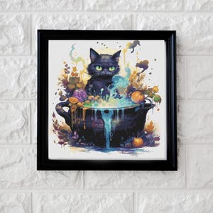 May include: A black cat sits in a cauldron filled with green and blue liquid. The cauldron is surrounded by colorful flowers and leaves.