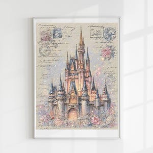 Peut inclure: Impression encadrée représentant un château de conte de fées. L'œuvre d'art présente un château détaillé avec de multiples tourelles, illuminé dans des tons chauds, sur fond d'écriture vintage et d'accents floraux. L'impression est encadrée.