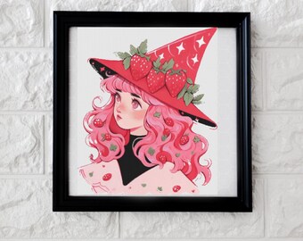 Pretty strawberry witch cross stitch PDF