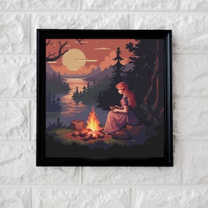May include: A digital painting depicting a woman seated by a campfire in a woodland setting at sunset. The woman is wearing a purple dress and has long red hair. The campfire is blazing brightly with trees and mountains in the background.