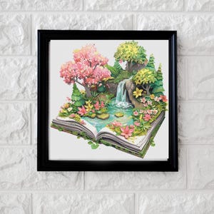 Könnte beinhalten: Ein Pop-up-Buch mit einer 3D-Szene eines Wasserfalls, der durch einen üppigen Wald mit rosa und grünen Bäumen und Blumen fließt. Das Buch ist geöffnet und die Seiten sind nach oben gekrümmt, um den 3D-Effekt zu erzeugen.