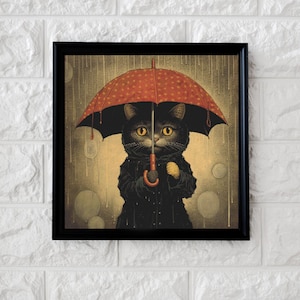 Peut inclure: Un chat noir portant un manteau noir tient un parapluie rouge à pois blancs. Le chat est debout sous la pluie, avec des gouttes de pluie qui tombent autour de lui.