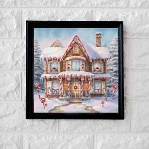 May include: A framed painting of a gingerbread house decorated with candy canes and snow. The house is brown with red and white trim and has a snowy roof. The house is surrounded by trees and snow.