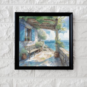 May include: A painting of a Mediterranean-style house with a wooden bench on the patio. The house has a blue door and windows, and the patio is made of stone tiles. The sea is visible in the background.