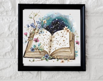 May include: An open book with a constellation design on the pages. The book is surrounded by watercolor flowers in shades of blue, pink, and green. The background is a watercolor wash of blue and green.