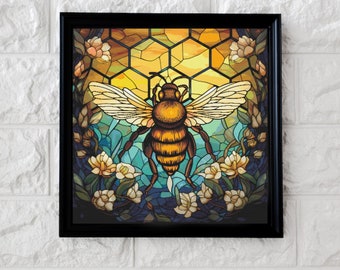 May include: A stained glass style illustration of a bee with yellow and black stripes, surrounded by white flowers and a honeycomb pattern in the background.