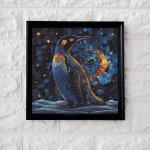 May include: Framed artwork featuring a mosaic-style penguin against a starry night sky. The penguin is depicted in shades of blue and gold, with a swirling, crescent-shaped design behind it. The artwork is framed in a black, square frame.