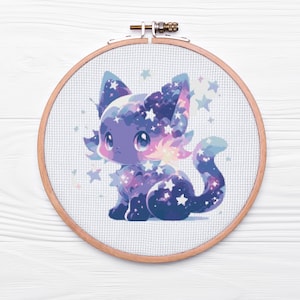 May include: A purple and blue cat with white stars on its fur, sitting on a white background. The cat has a galaxy-like pattern on its fur and large blue eyes.