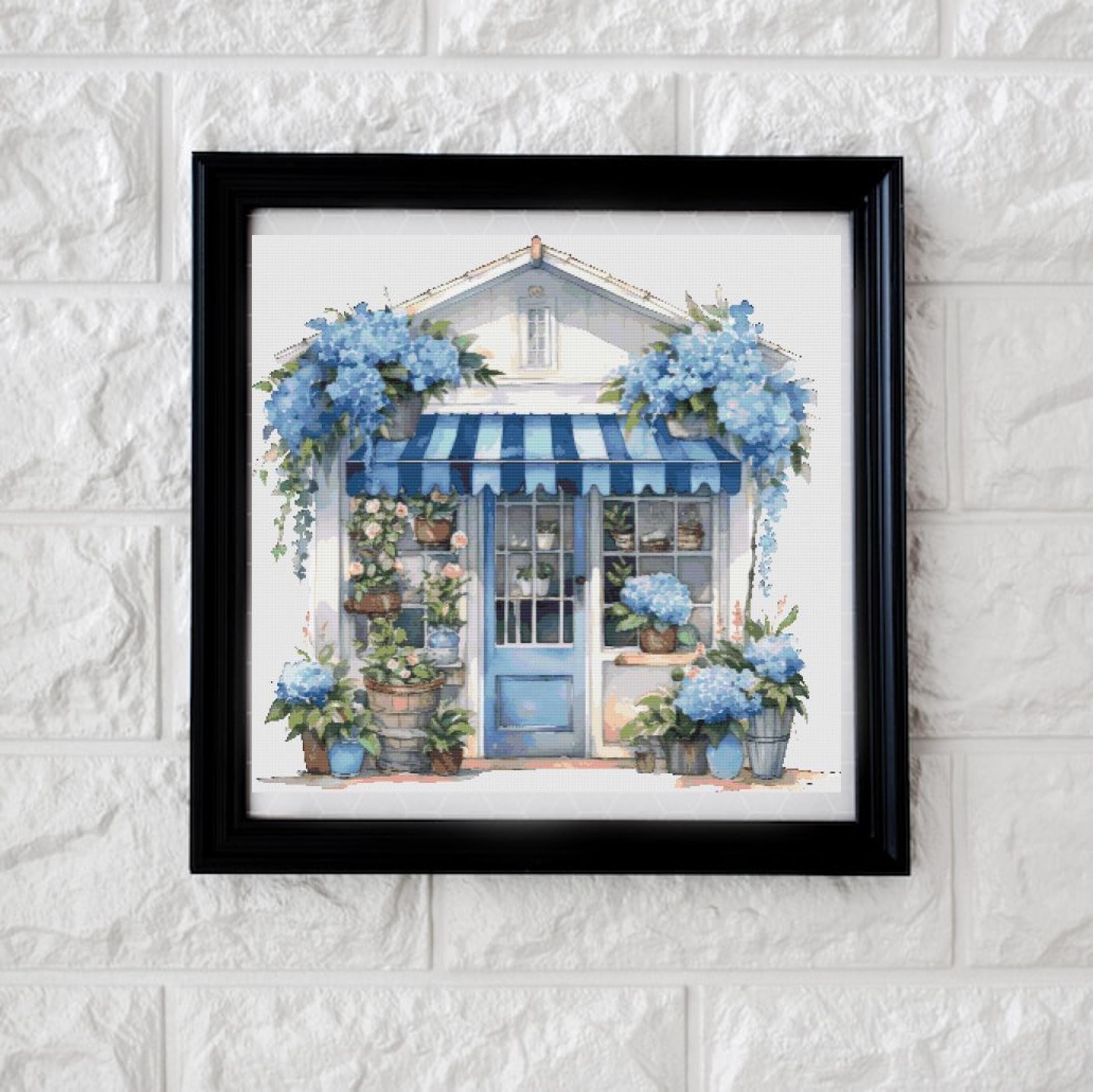 Blue flower shop cross stitch pattern PDF