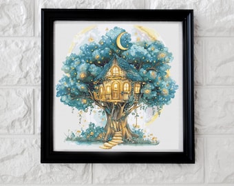 May include: A whimsical treehouse with glowing windows nestled in a blue and green tree with a crescent moon above. The treehouse has a ladder leading up to the front door.