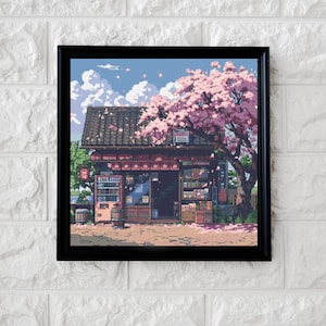 May include: A pixel art illustration of a small Japanese shop with a vending machine and a cherry blossom tree in front of it. The shop has a red roof and a sign that says "Shop". The vending machine is red and white. The cherry blossom tree is pink and has white flowers.
