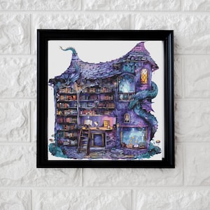 May include: A framed illustration of a purple and blue house with a dragon wrapped around it. The house is filled with bookshelves and has a ladder leading up to the top floor. The house is set against a white background.
