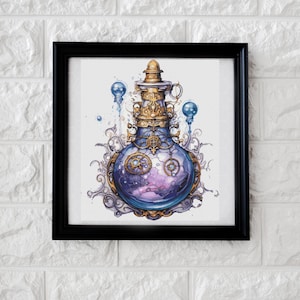 May include: A framed watercolour print of a decorative potion bottle. The bottle is blue with gold accents and intricate detailing. The liquid inside is a mix of purple and pink. Two blue orbs flank the bottle, and the frame is black.