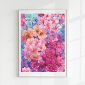 May include: A framed floral art print featuring a watercolor painting of cherry blossoms. The artwork showcases a vibrant mix of pink, peach, and turquoise flowers against a blue and purple background. The blossoms are densely packed, creating a rich, colorful display.