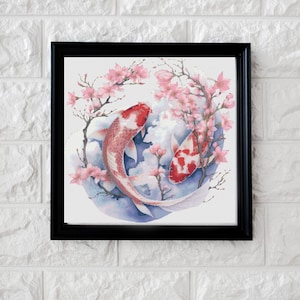 Cross Stitch Pattern Watercolor Japan Sakura Mountain Moon