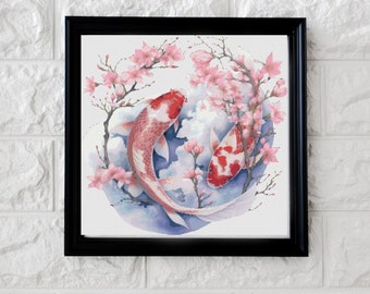 May include: Two red and white koi fish swimming in a circle surrounded by pink cherry blossoms. The fish are painted in a watercolor style on a white background.