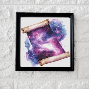 May include: A watercolour painting of a scroll unfurling to reveal a galaxy of purple, blue, and white stars. The scroll is painted in a realistic style with brown and gold accents.