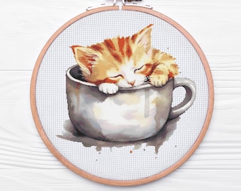 Teacup kitty cross stitch pattern PDF