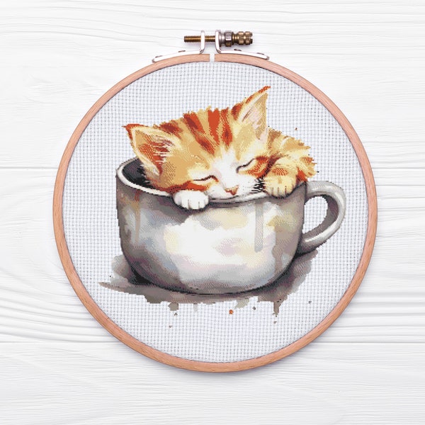 Teacup kitty cross stitch pattern PDF