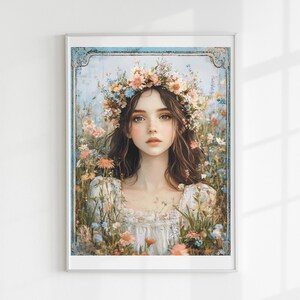 May include: A framed art print featuring a woman with long brown hair and a floral crown, surrounded by flowers. The artwork has a soft, pastel color palette with a focus on natural light and delicate details. The woman is wearing a white dress.