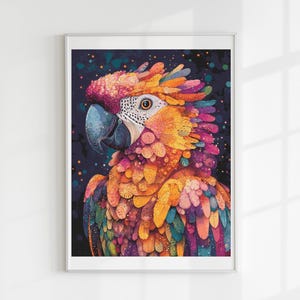 May include: A colorful illustration of a parrot with a vibrant orange, pink, and purple plumage. The parrot's head is turned to the side, and its beak is open slightly. The background is a dark blue with white speckles.