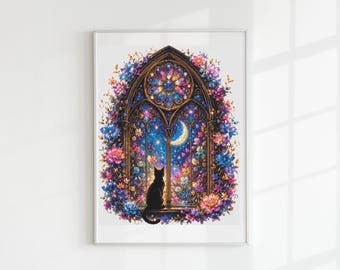 Cat watching the moon cross stitch pattern full coverage PDF Digital download
