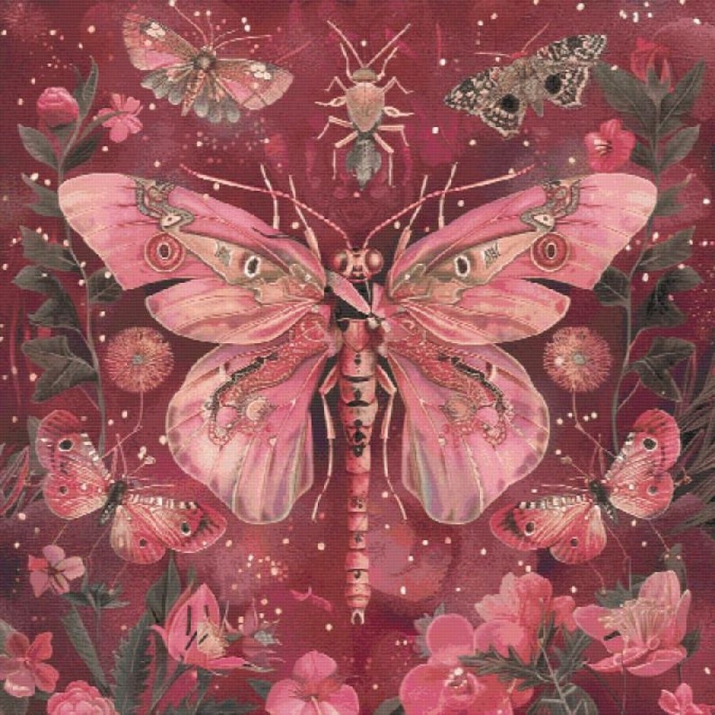 Pink Insects Cross Stitch Pattern Full Coverage PDF - Etsy