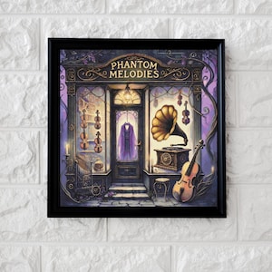 May include: A framed artwork depicts a shop called "Phantom Melodies." The shop features violins, a gramophone, and a purple coat. The artwork is in a black frame and has a purple and gold color scheme.