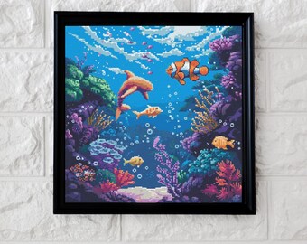Fishy pixel art cross stitch pattern full coverage PDF