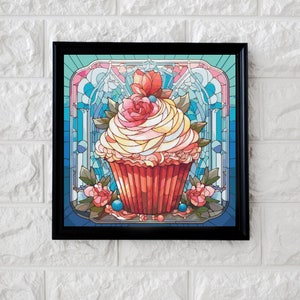May include: A stained glass style illustration of a cupcake with pink and white frosting, red and white sprinkles, and a single blue berry on top. The cupcake is surrounded by pink and green flowers.