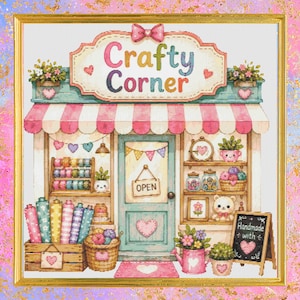 May include: A cross-stitch pattern depicting a storefront with the text Crafty Corner on a sign, a pink and white striped awning, shelves filled with craft supplies, a teddy bear, a chalkboard sign reading Handmade with love, and floral decor.