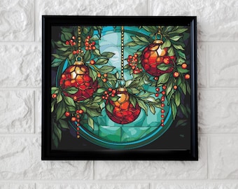 Puede incluir: Una ilustración enmarcada de una ventana de vitrales con tres adornos navideños rojos colgando de cadenas doradas. Los adornos están rodeados de hojas verdes y bayas rojas.