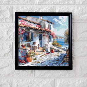 May include: A painting depicting a white house with a red tiled roof and a blue door. The house is surrounded by flowers and trees. The house is situated on a hill overlooking the sea.