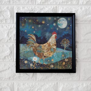 May include: A framed illustration of a rooster with a colorful patterned body standing in a field of flowers under a starry night sky with a full moon.