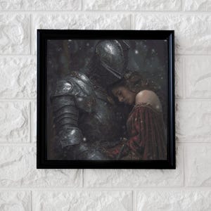 May include: A framed print featuring a medieval knight in full armor embracing a woman in a red dress. The artwork has a dark, romantic theme, with a focus on the knight's armor and the woman's flowing attire. The frame is black.