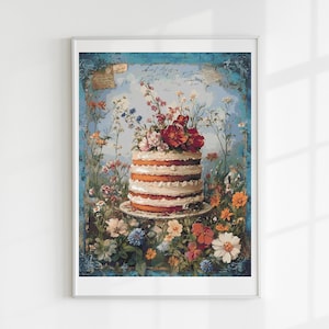 Op de afbeelding: Een ingelijste print met een gelaagde taart versierd met rode bloemen, geplaatst in een levendige bloementuin. De taart staat op een decoratief bord, omringd door kleurrijke bloemen tegen een blauwe achtergrond.