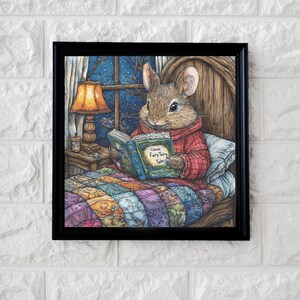 May include: A brown and gray mouse wearing a red sweater sits in a bed with a colorful quilt and reads a book titled "Classic Fairy Tales".