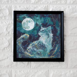 Peut inclure: Une peinture encadrée d'un chat bleu et blanc sur fond étoilé et de pleine lune. Le chat regarde la lune.