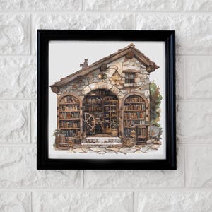 Peut inclure: Peinture à l'aquarelle d'une bibliothèque en pierre avec des portes cintrées remplies d'étagères. Le bâtiment a un toit en pierre et une petite fenêtre. Une grande roue en bois est visible à l'intérieur de la bibliothèque. L'œuvre est encadrée dans un cadre noir.