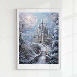 May include: A snowy landscape with a large, white castle in the distance. A winding path leads up to the castle, with trees lining the path. The moon is visible in the sky.