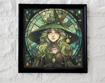 Green stained glass witch cross stitch pattern full coverage PDF