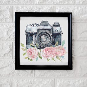 Könnte beinhalten: Ein gerahmter Aquarelldruck mit einem Vintage-Kamera-Design. Die Kamera ist schwarz und silber, mit einem großen Objektiv. Rosa Rosen und grüne Blätter befinden sich am unteren Rand. Der Rahmen ist schwarz.