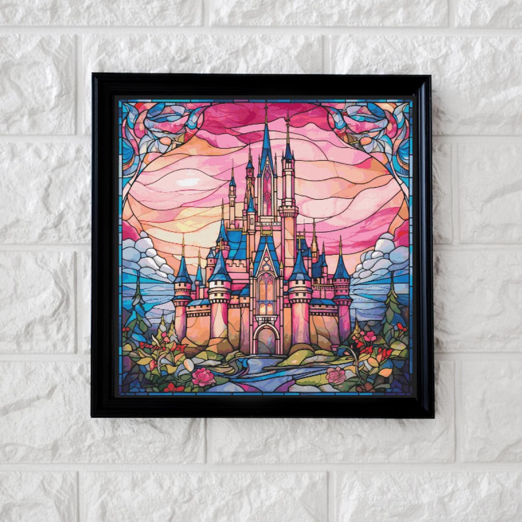 Pink Sky Stained Glass Castle Cross Stitch Pattern Full Coverage PDF - Etsy