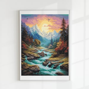 May include: A painting depicting a mountainous landscape with a river winding through it. The sky is a vivid pink and orange, and the mountains are capped with snow. The river is a bright blue and green, with trees lining its banks.
