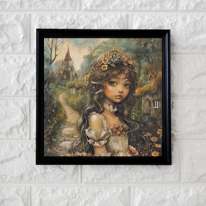 Puede incluir: Una pintura de una joven con el pelo largo y castaño que lleva una corona de flores y un vestido blanco. Está de pie en un entorno de bosque con un castillo en el fondo.